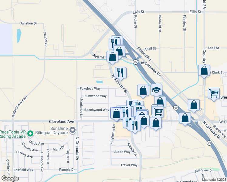 map of restaurants, bars, coffee shops, grocery stores, and more near 2086 Pepper Tree Lane in Madera