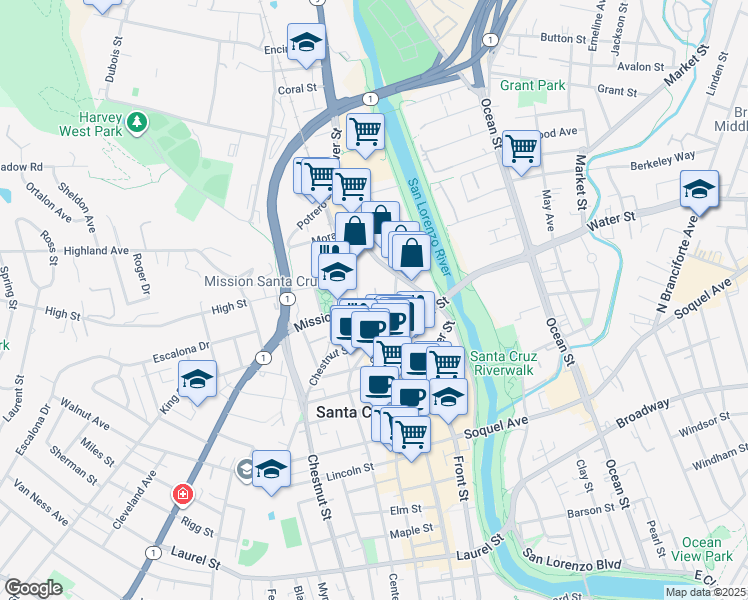 map of restaurants, bars, coffee shops, grocery stores, and more near 139 School Street in Santa Cruz