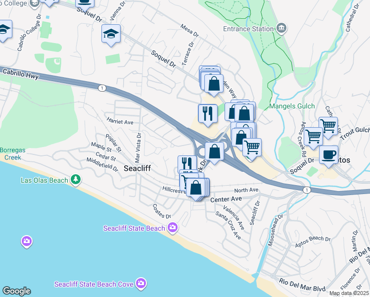 map of restaurants, bars, coffee shops, grocery stores, and more near 413 Sailfish Drive in Aptos