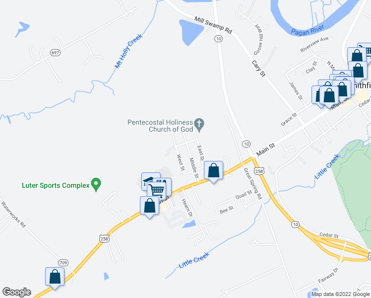 map of restaurants, bars, coffee shops, grocery stores, and more near 217 Middle Street in Smithfield