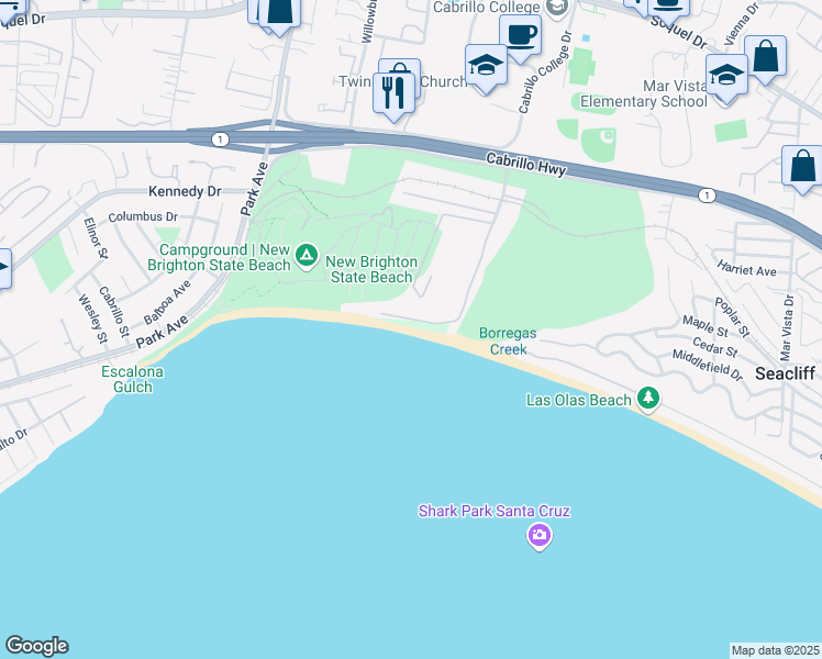 map of restaurants, bars, coffee shops, grocery stores, and more near 16 Potbelly Beach Road in Aptos