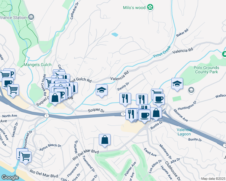 map of restaurants, bars, coffee shops, grocery stores, and more near 130 Siesta Dr in Aptos