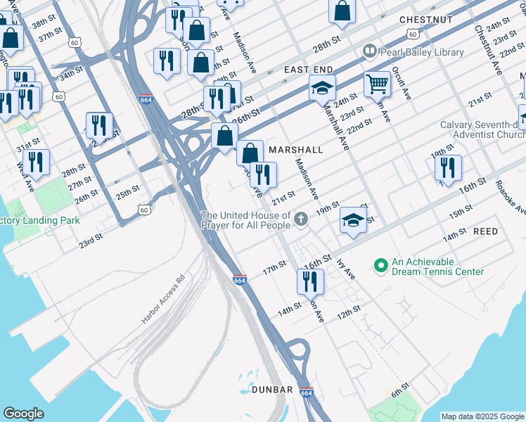 map of restaurants, bars, coffee shops, grocery stores, and more near 2025 Jefferson Avenue in Newport News