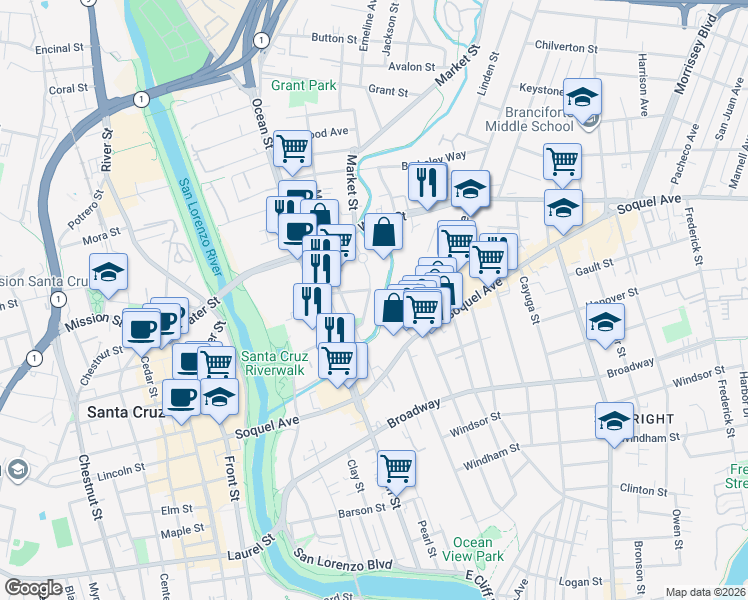 map of restaurants, bars, coffee shops, grocery stores, and more near 336 Dakota Avenue in Santa Cruz