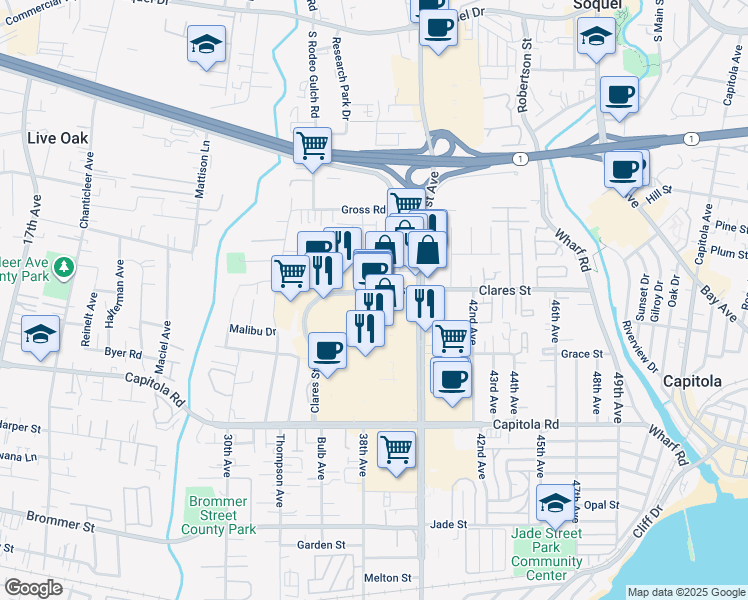 map of restaurants, bars, coffee shops, grocery stores, and more near 1955 41st Avenue in Capitola