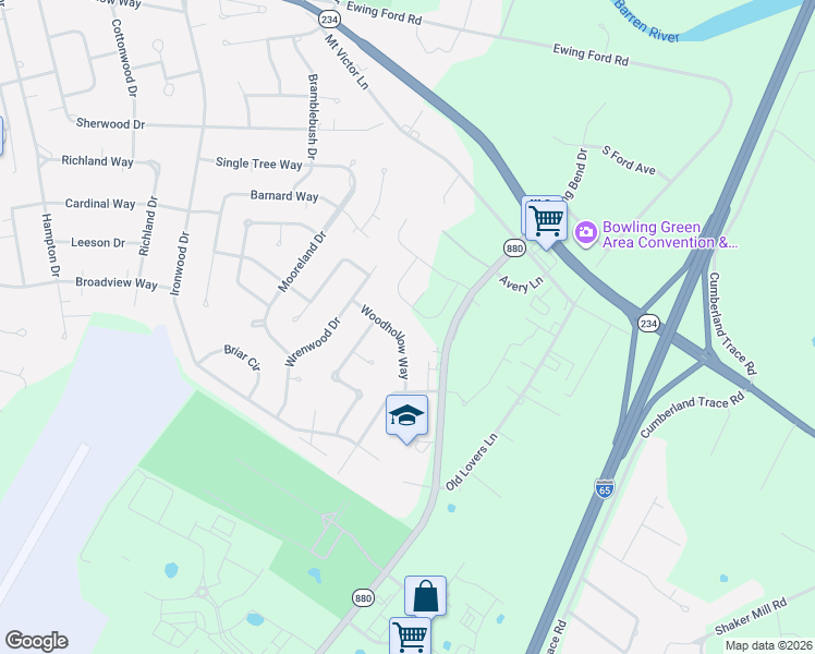 map of restaurants, bars, coffee shops, grocery stores, and more near Woodhollow Way in Bowling Green