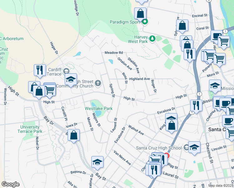 map of restaurants, bars, coffee shops, grocery stores, and more near 716 High Street in Santa Cruz