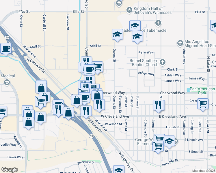 map of restaurants, bars, coffee shops, grocery stores, and more near 1323 Owens Street in Madera