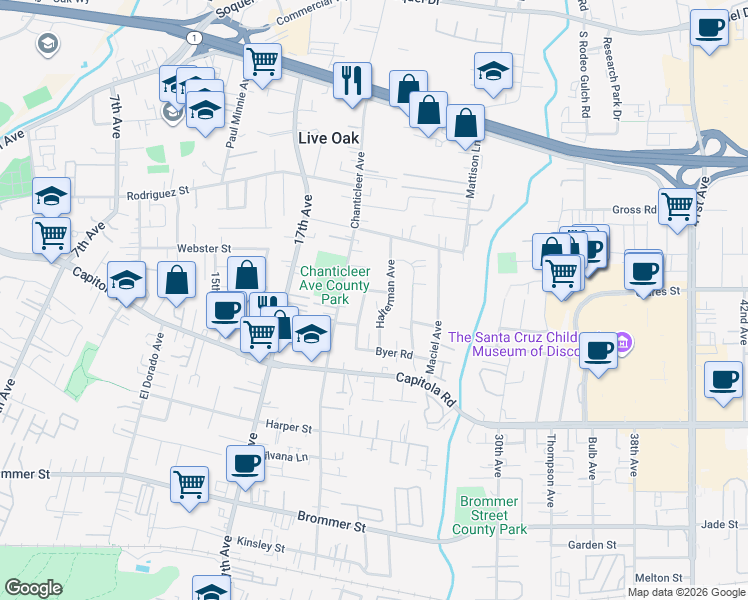 map of restaurants, bars, coffee shops, grocery stores, and more near 2272 Woolpert Way in Santa Cruz