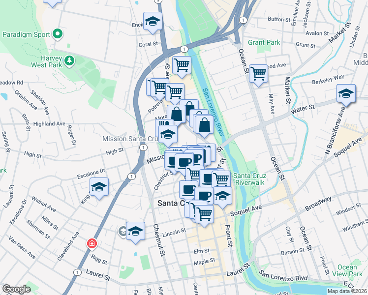 map of restaurants, bars, coffee shops, grocery stores, and more near 139 School Street in Santa Cruz