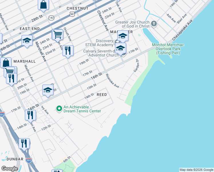 map of restaurants, bars, coffee shops, grocery stores, and more near 955 14th Street in Newport News