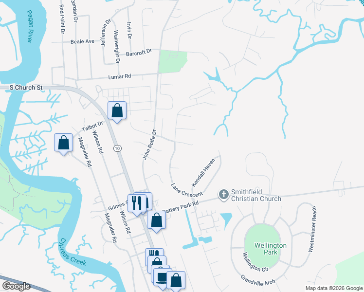 map of restaurants, bars, coffee shops, grocery stores, and more near 904 Andrews Crossing in Smithfield