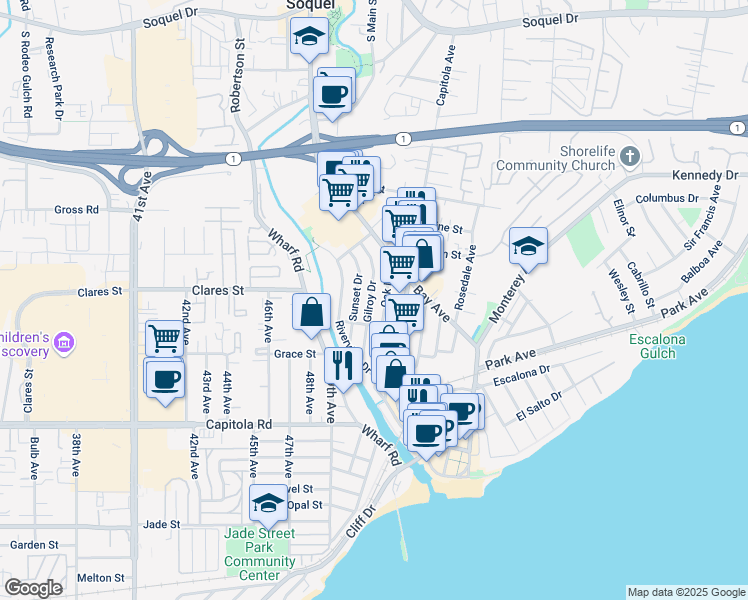map of restaurants, bars, coffee shops, grocery stores, and more near 616 Gilroy Drive in Capitola