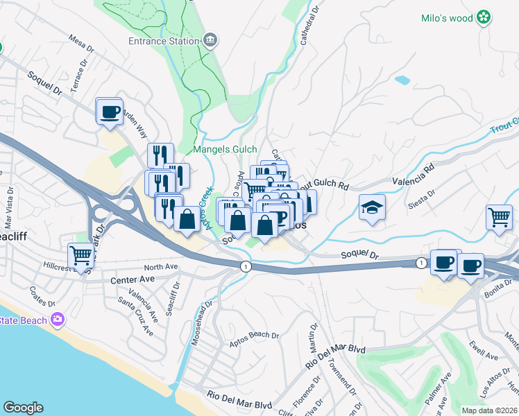map of restaurants, bars, coffee shops, grocery stores, and more near 126 Aptos Village Way in Aptos