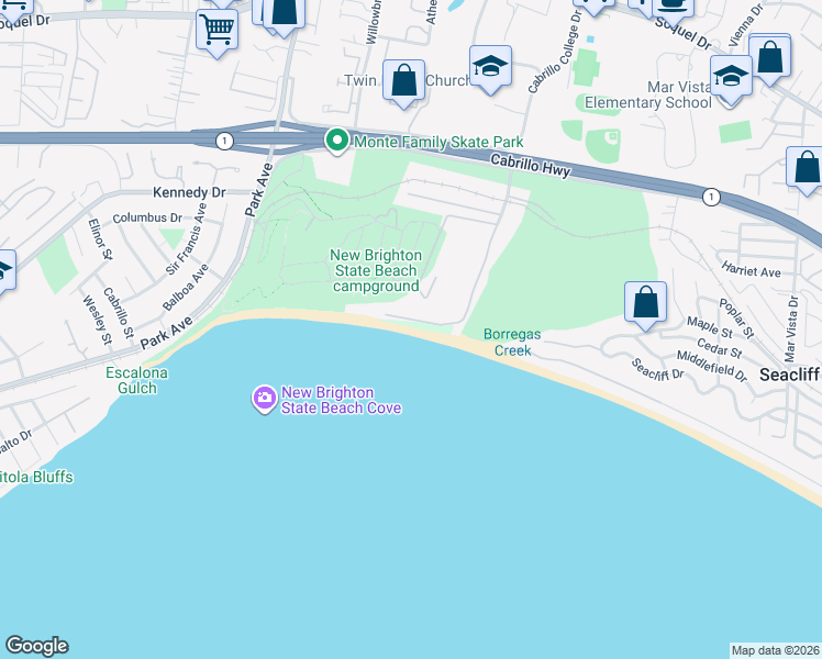 map of restaurants, bars, coffee shops, grocery stores, and more near 10 Potbelly Beach Road in Aptos