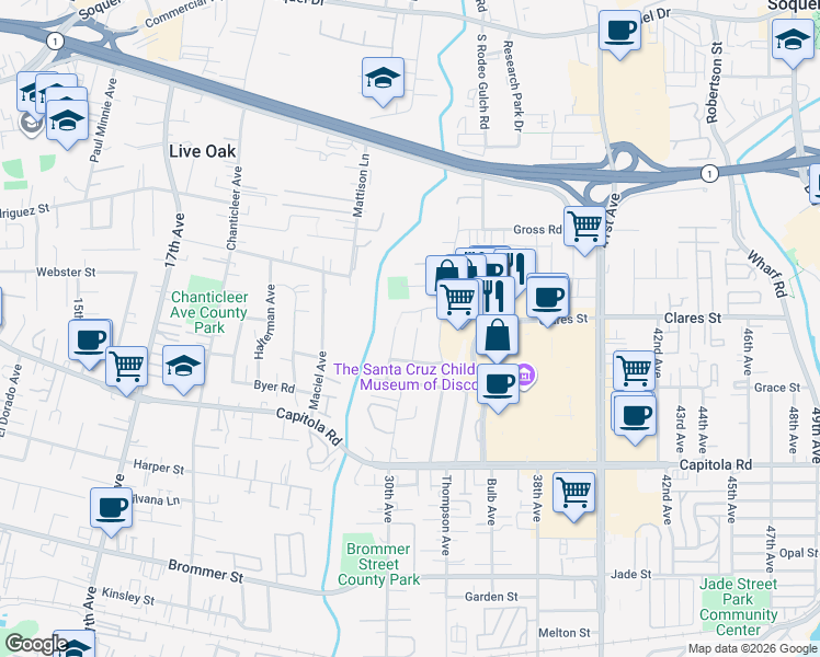 map of restaurants, bars, coffee shops, grocery stores, and more near 1987 Newport Avenue in Santa Cruz