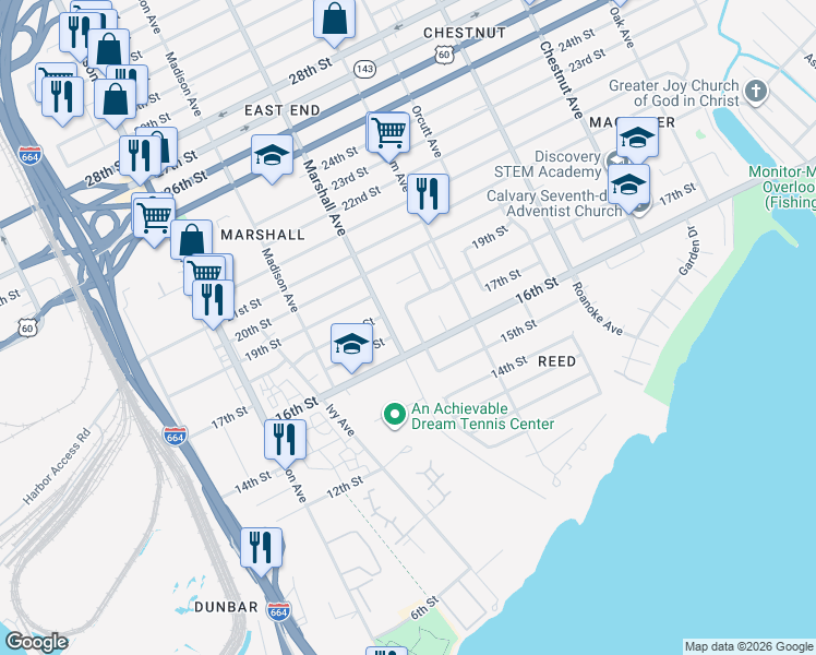 map of restaurants, bars, coffee shops, grocery stores, and more near 1617 Rolfe Pl in Newport News