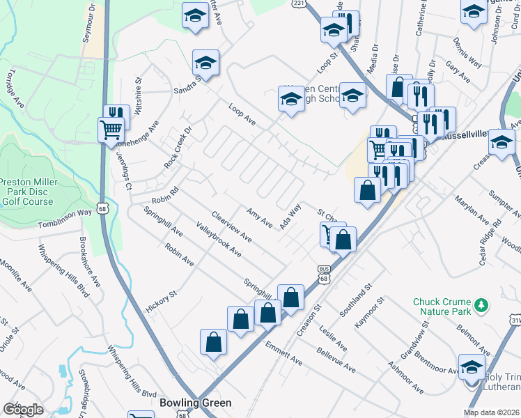 map of restaurants, bars, coffee shops, grocery stores, and more near 212-218 Amy Ave in Bowling Green