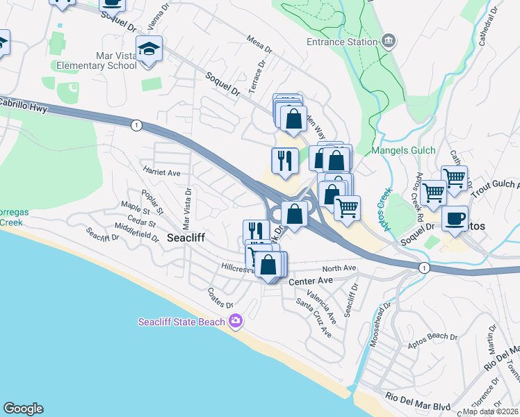 map of restaurants, bars, coffee shops, grocery stores, and more near 405 Sailfish Drive in Aptos