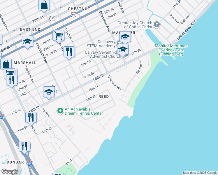 map of restaurants, bars, coffee shops, grocery stores, and more near 955 14th Street in Newport News