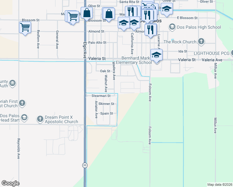 map of restaurants, bars, coffee shops, grocery stores, and more near 2192 Stearman Street in Dos Palos