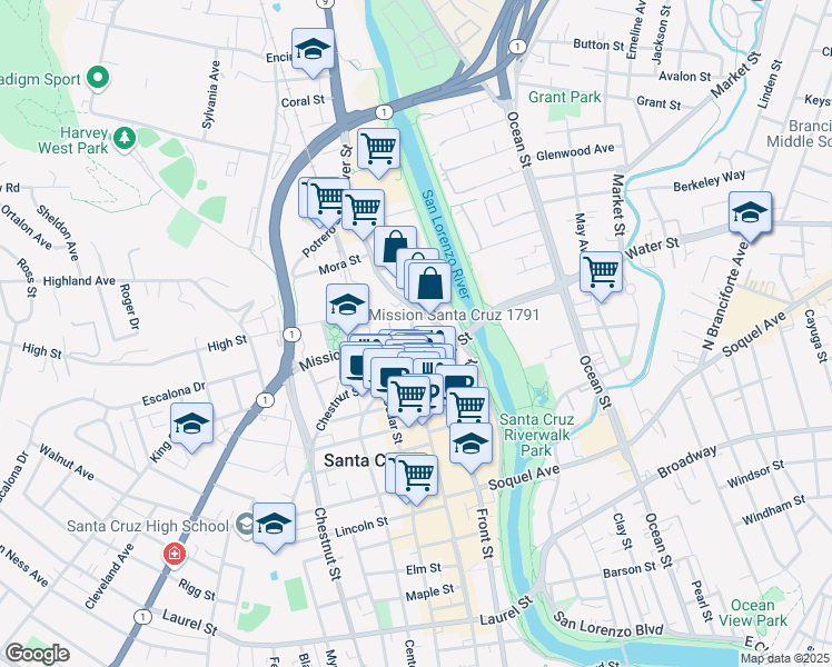 map of restaurants, bars, coffee shops, grocery stores, and more near 2030 North Pacific Avenue in Santa Cruz