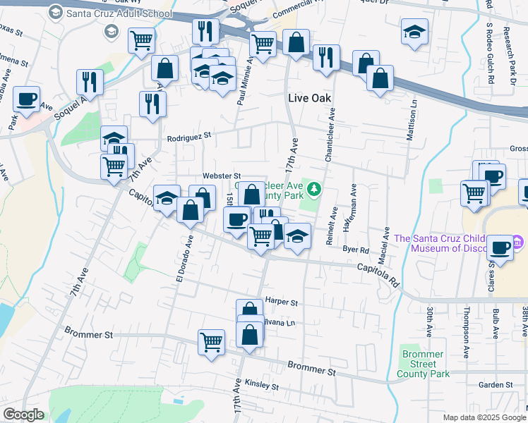 map of restaurants, bars, coffee shops, grocery stores, and more near 1836 16th Avenue in Santa Cruz