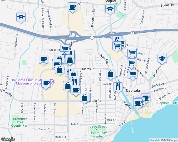 map of restaurants, bars, coffee shops, grocery stores, and more near 1925 46th Avenue in Capitola