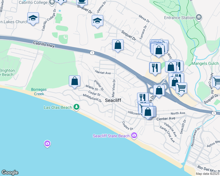 map of restaurants, bars, coffee shops, grocery stores, and more near 507 Spruce Street in Aptos