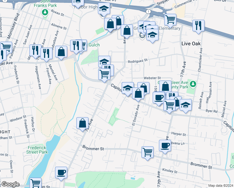 map of restaurants, bars, coffee shops, grocery stores, and more near 1641 Schooner Court in Santa Cruz