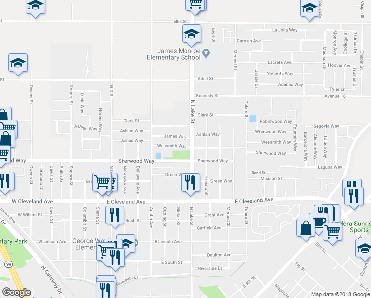 map of restaurants, bars, coffee shops, grocery stores, and more near 824 Wessmith Way in Madera