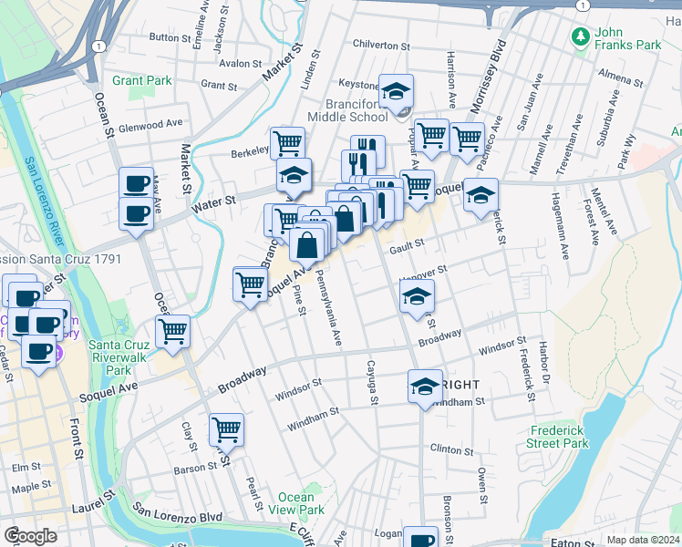 map of restaurants, bars, coffee shops, grocery stores, and more near 1031 Cayuga Street in Santa Cruz