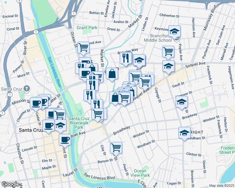map of restaurants, bars, coffee shops, grocery stores, and more near 127 Minnie Street in Santa Cruz
