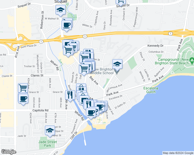 map of restaurants, bars, coffee shops, grocery stores, and more near 415 Rosedale Court in Capitola