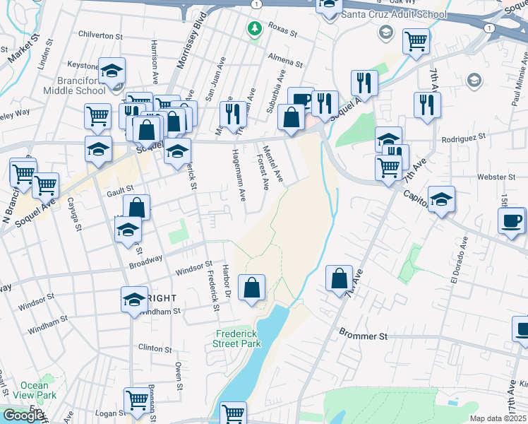 map of restaurants, bars, coffee shops, grocery stores, and more near 118 Forest Avenue in Santa Cruz