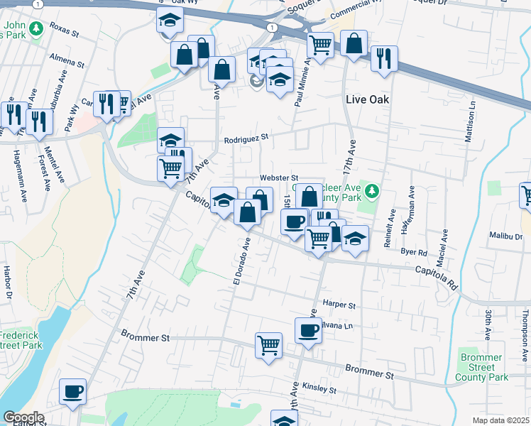 map of restaurants, bars, coffee shops, grocery stores, and more near 1744 Foster Court in Santa Cruz