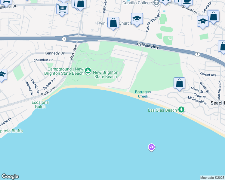 map of restaurants, bars, coffee shops, grocery stores, and more near 10 Potbelly Beach Road in Aptos