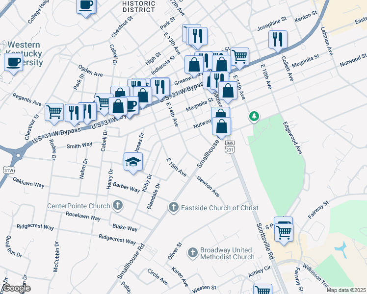 map of restaurants, bars, coffee shops, grocery stores, and more near 1209 East 14th Avenue in Bowling Green
