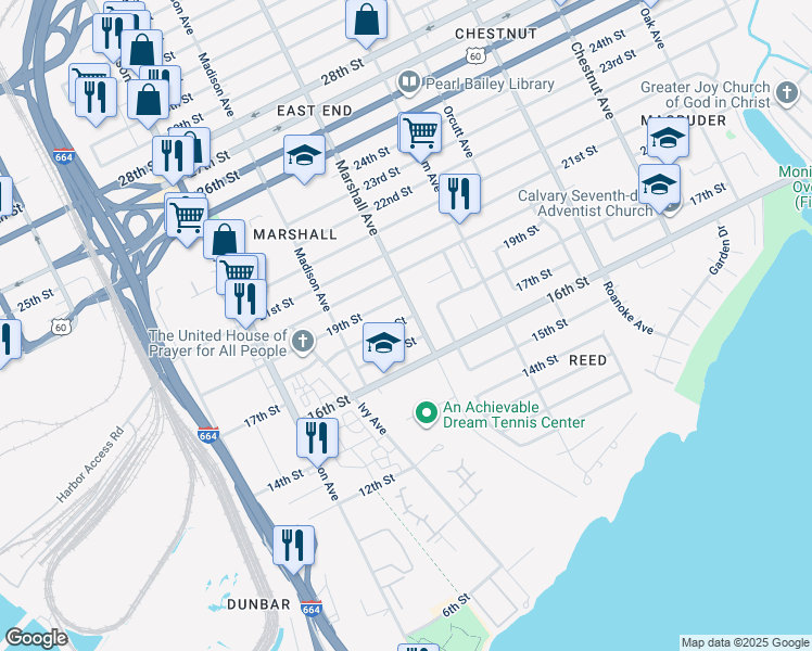 map of restaurants, bars, coffee shops, grocery stores, and more near 756 18th Street in Newport News