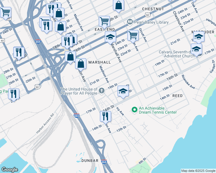 map of restaurants, bars, coffee shops, grocery stores, and more near 1905 Madison Avenue in Newport News