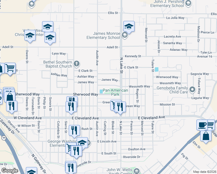 map of restaurants, bars, coffee shops, grocery stores, and more near 720 Wessmith Way in Madera