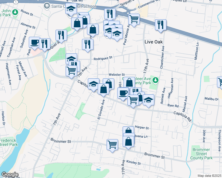 map of restaurants, bars, coffee shops, grocery stores, and more near 1744 Foster Court in Santa Cruz