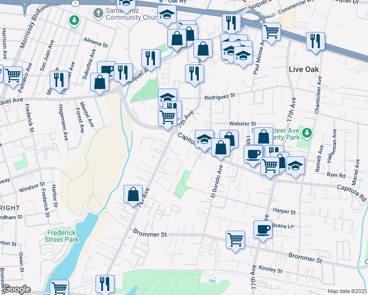 map of restaurants, bars, coffee shops, grocery stores, and more near 1641 Schooner Court in Santa Cruz