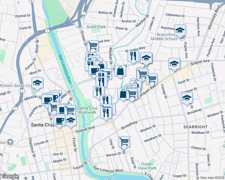 map of restaurants, bars, coffee shops, grocery stores, and more near 218 Leonard Street in Santa Cruz