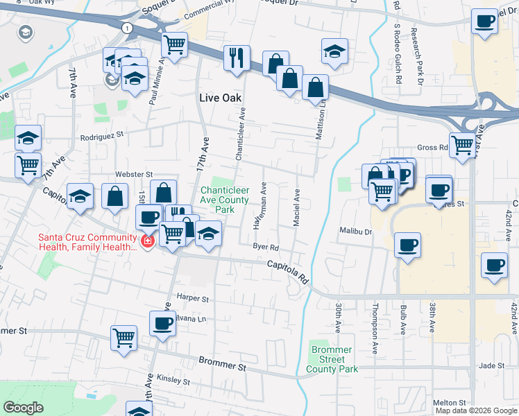 map of restaurants, bars, coffee shops, grocery stores, and more near 2272 Woolpert Way in Santa Cruz