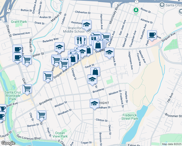 map of restaurants, bars, coffee shops, grocery stores, and more near 1003 Sumner Street in Santa Cruz