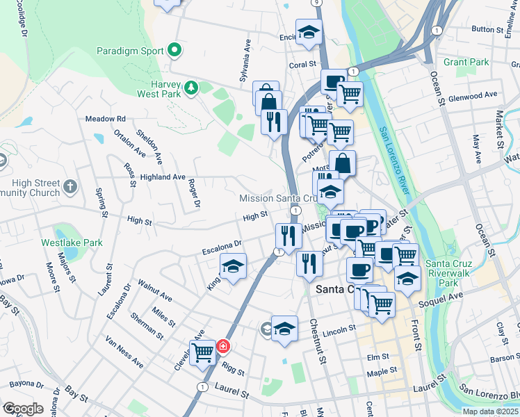 map of restaurants, bars, coffee shops, grocery stores, and more near 303 Highland Avenue in Santa Cruz