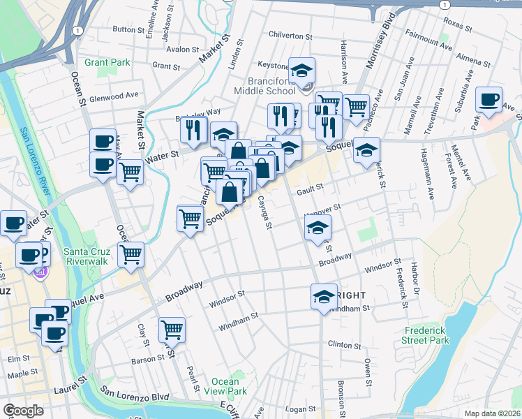 map of restaurants, bars, coffee shops, grocery stores, and more near 1031 Cayuga Street in Santa Cruz