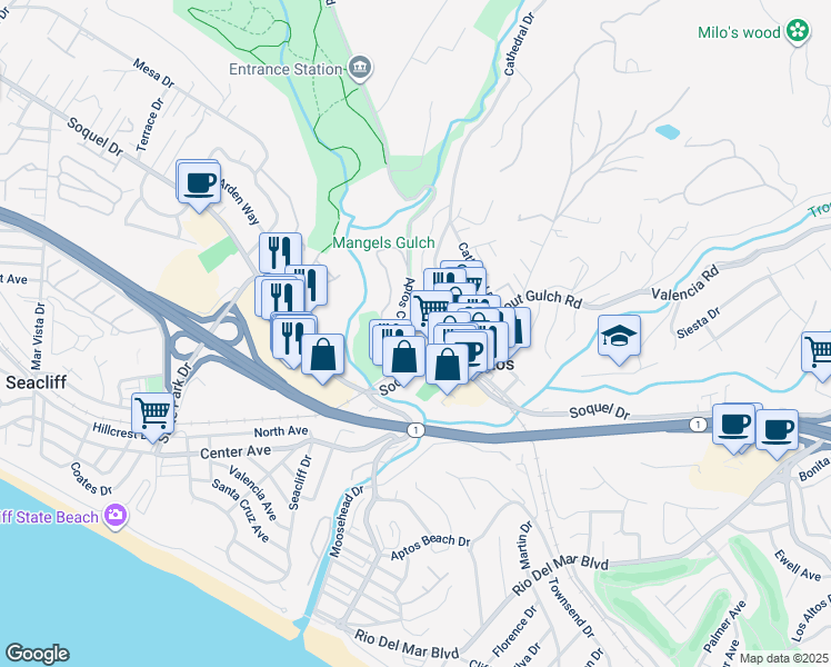 map of restaurants, bars, coffee shops, grocery stores, and more near 101 Aptos Village Way in Aptos