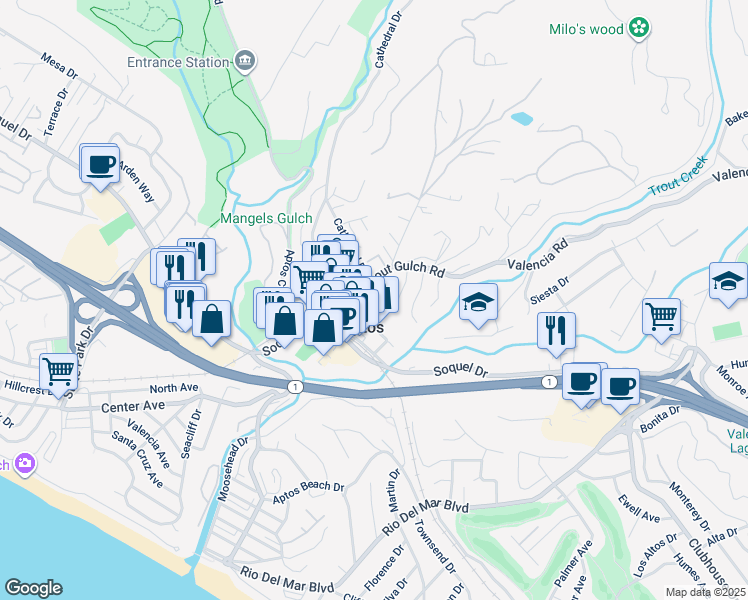 map of restaurants, bars, coffee shops, grocery stores, and more near 420a Trout Gulch Road in Aptos